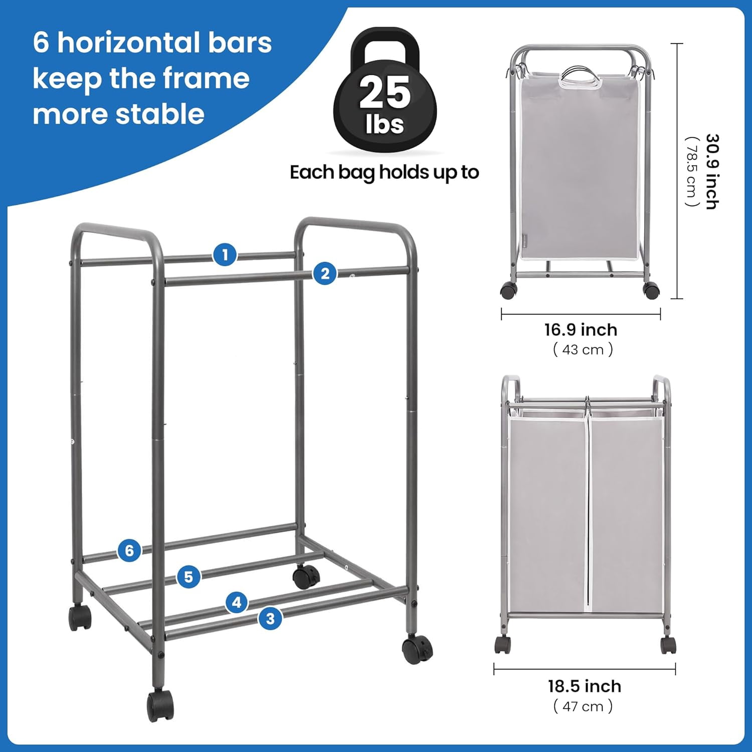 90L Gray 2-Section Laundry Sorter - Rolling Hamper Cart with Wheels & Removable Bags for Closet & Dorm