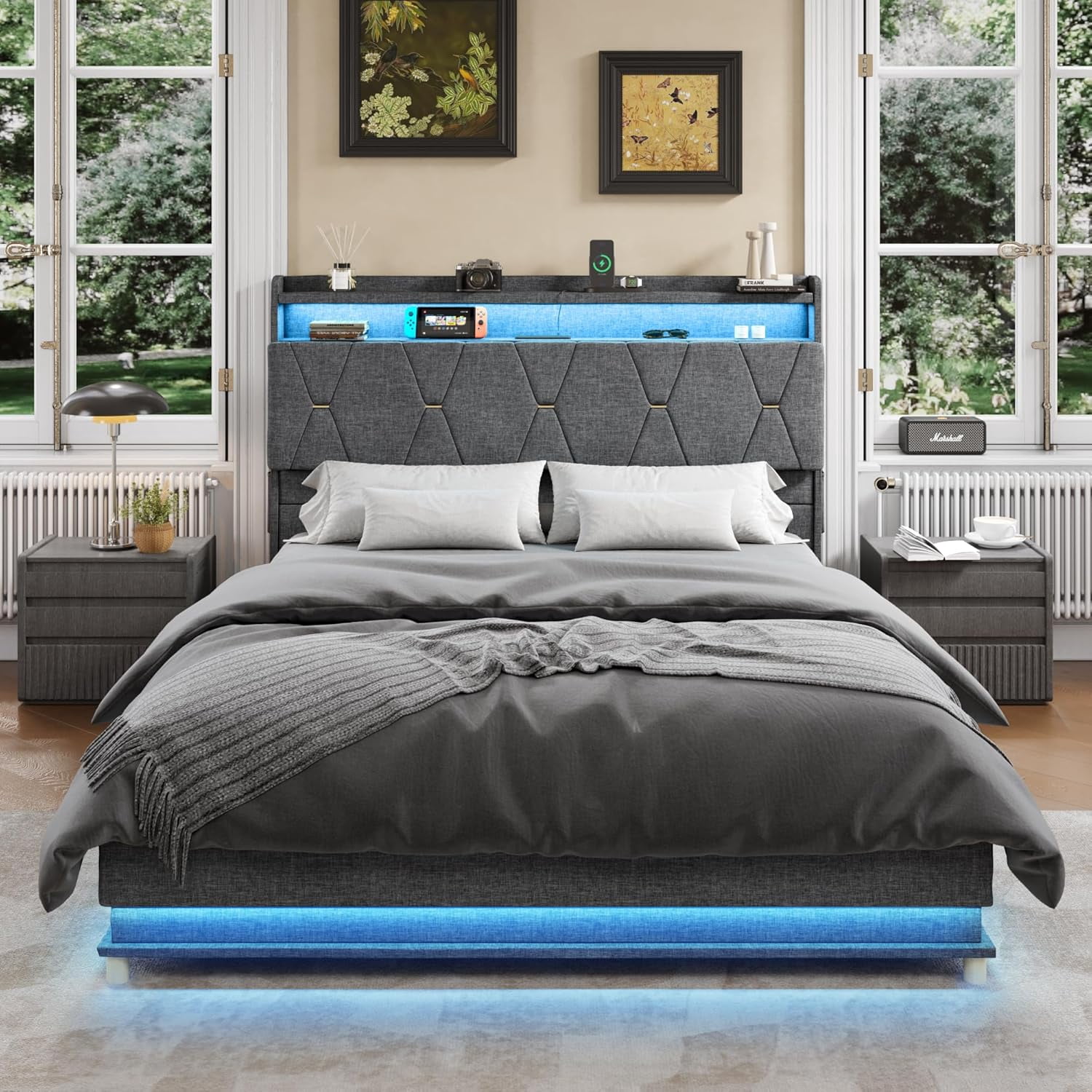 VEANERWOOD Queen Size Lift Up Bed Frame with Storage Headboard, Upholstered Platform Bed with Charging Station, LED Lights, No Box Spring Needed