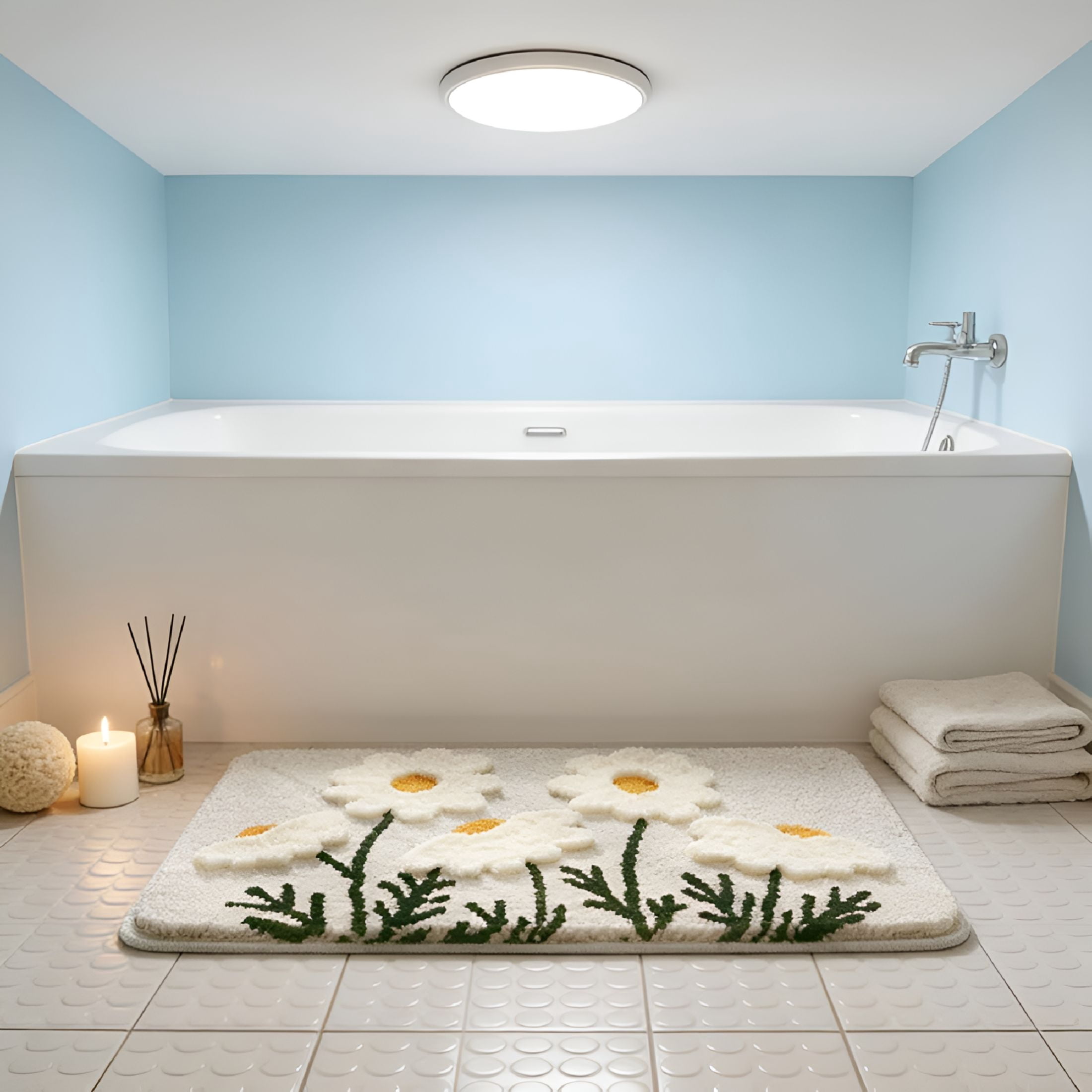 RLESO Fluffy Absorbent Flower Bathroom Rug Washable,32"X 20"Bath Mat for Bathroom Non Slip,Soft Tufted Rug Flower Bath Mat Home Decor,White Flowers
