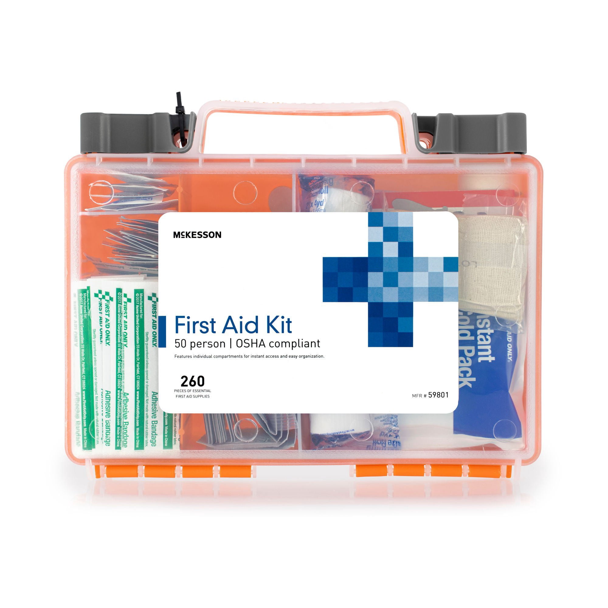 McKesson First Aid Kit, 260 Pieces, OSHA Compliant 50 Person Kit for Car, Home, Office, Camping, Travel, 12 Ct