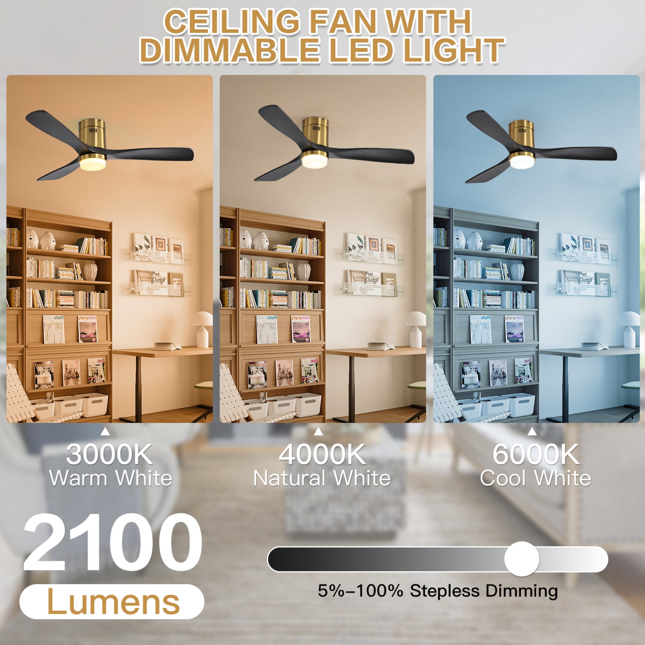 Sofucor 52" Flush Mount Smart Ceiling Fan with Lights, Solid Wood Matte Black and Gold Blades, Compatible with Alexa/Google/App, 3-Color Light 6-Speed Timing Reversible DC Motor