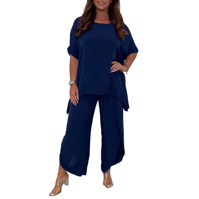 Pantalones Conjunto de ajuste holgado para mujer Cintura elástica Conjuntos de salón de 2 piezas Trajes casuales suaves para damas Ygjytge Azul Marino Xl para Mujer