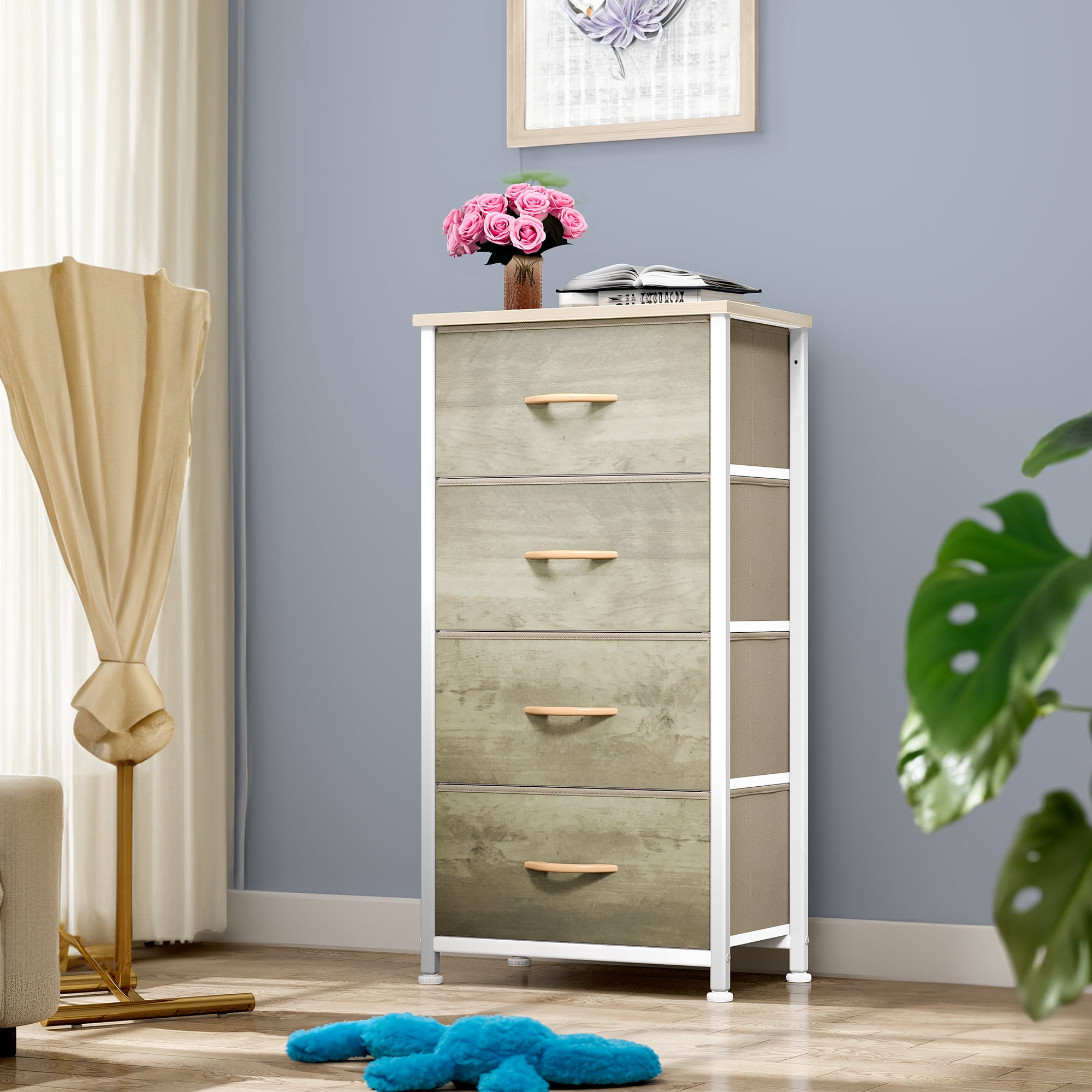 Dextrus Dresser with 4 Drawers - Fabric Storage Tower, Organizer Unit for Bedroom, Hallway, Hallway, Closets - Sturdy Steel Frame, Wooden Top & Easy Pull Fabric Bins (Oak Greige)