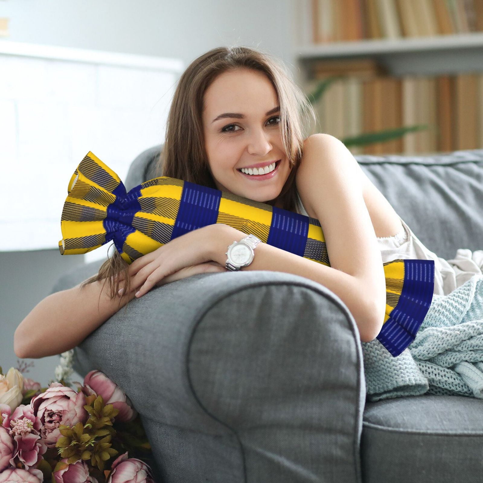 Candy Throw Pillow Travel Cervical Pillow Cylindrical Neck Body Cushion With Insert For Bed Couch Home Decor 9.8x24.4in Buffalo Plaid Check Yellow Royal Blue