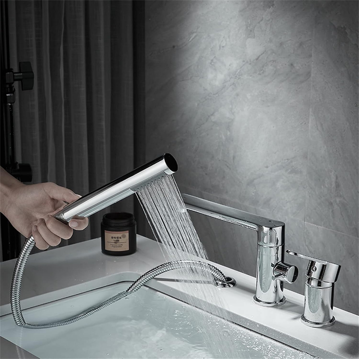 Waterfall Bathtub Faucet Roman Tub Filler, Contemporary Bathroom Widespread Long Spout Faucet with Handheld Shower, Single Handle 3 Hole Deck Mount