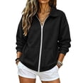 thumbnail image 4 of Women's Oversized Full Zip Up Sweatshirt Jacket Collared No Hood Long Sleeve Drop Shoulder Solid Color Cozy Lightweight Casual Y2K Outwear with Pockets for Fall Winter Spring Black L, 4 of 5