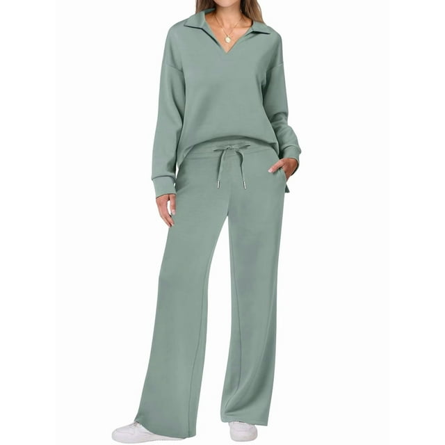 Conjuntos de Dos Piezas para Mujer, Cuello en V, Conjuntos Casuales A Juego, Ropa de Estar por Casa, Ropa de Otoño, Conjuntos de Viaje, Moda Verde M