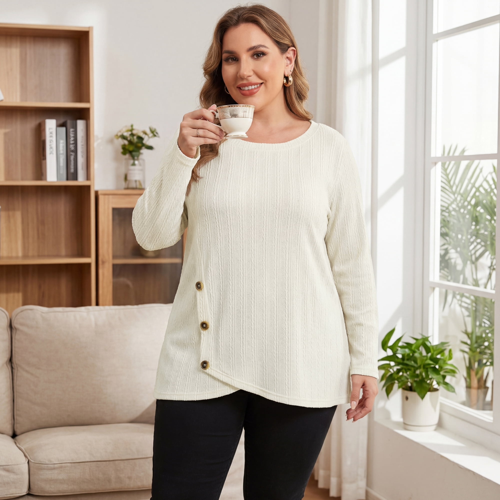 DARING DIVA Women's Plus Crew Neck Crossover Hem Long Sleeve 3X Beige