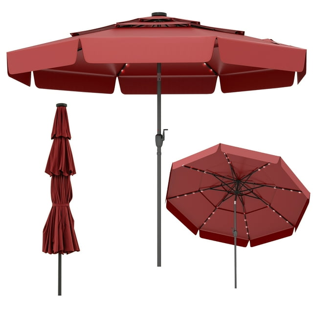 Gymax 10 FT Solar Patio Umbrella w/ 32 LED Lights 3-Tier Vented Top & Tilt Adjustment Red