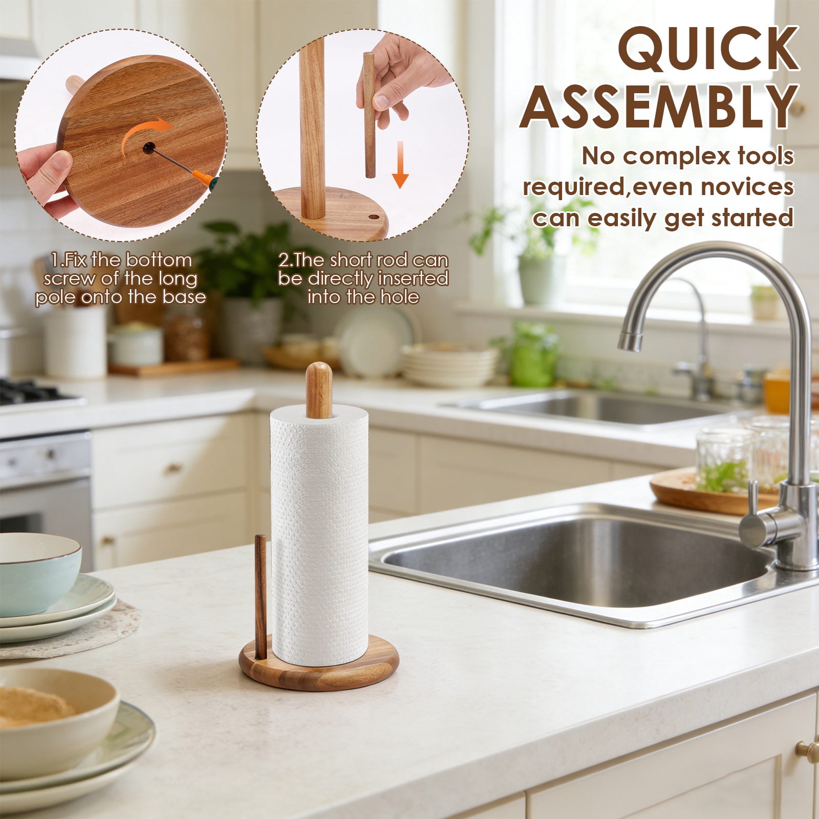 Wood Paper Towel Holder for Kitchen Countertop, Acacia Decorative Standing Farmhouse Paper Towel Roll Dispenser with Stable Non-Slip Base