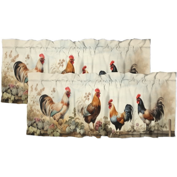 Rooster Valance Rod Pocket Window Curtain for Kitchen Chicken Farm Rustic Farmhouse Floral Flower Fence Country Retro Window Treatment for Living Room Bedroom Bathroom 54 by 18 in, 2 Panel