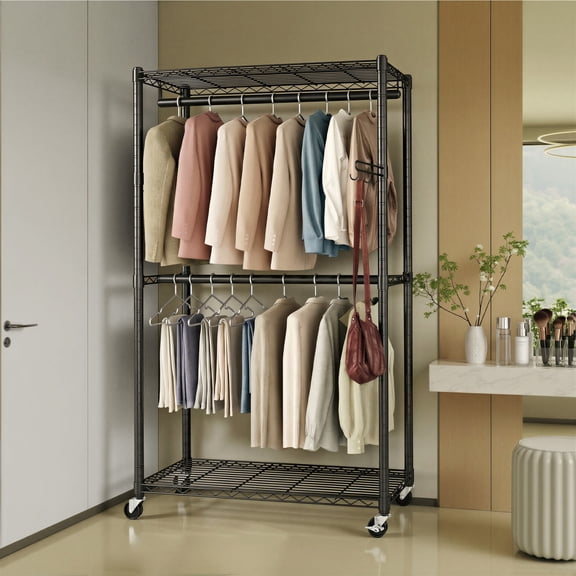 LEDREM Heavy-Duty Rolling Clothes Rack, Portable Garment Rack on Wheels with Adjustable Mesh Shelves & Hanging Rails, Tool-Free Assembly, Ink Black