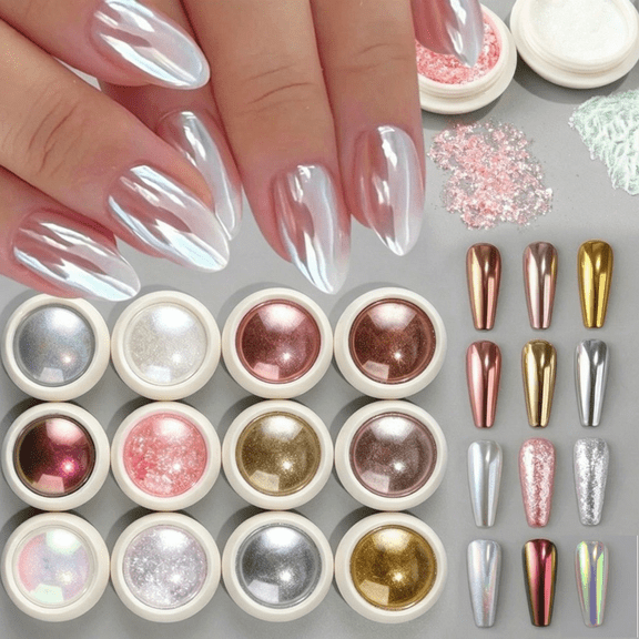 Chrome Nail Powder Set,12 Colors Golden Silverly White Pearl Mirror Effect Holographic Aurora Iridescent Pearlescent Manicure Nail Art Decoration Dip Nail Powder Glitter Cromer Nail Powder For Nails