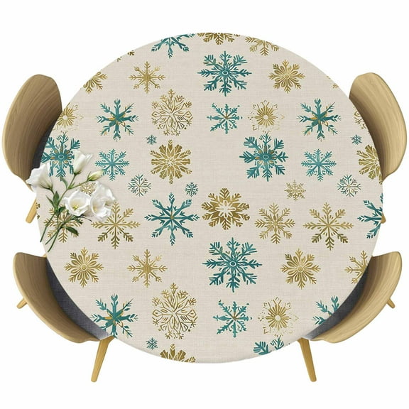 Teal Yellow Snowflake Christmas Fitted Tablecloth with Elastic Edged, Round Table Cloth for Dining Table, Xmas Snowflake Rustic Waterproof Oil Proof Table Cover for Indoor Outdoor 55"-60"