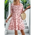 thumbnail image 4 of Womens Casual Summer Dresses Short Sleeve Square Neck Smocked Boho Floral Sundress Flowy A-Line Mini Dress Pink L, 4 of 6