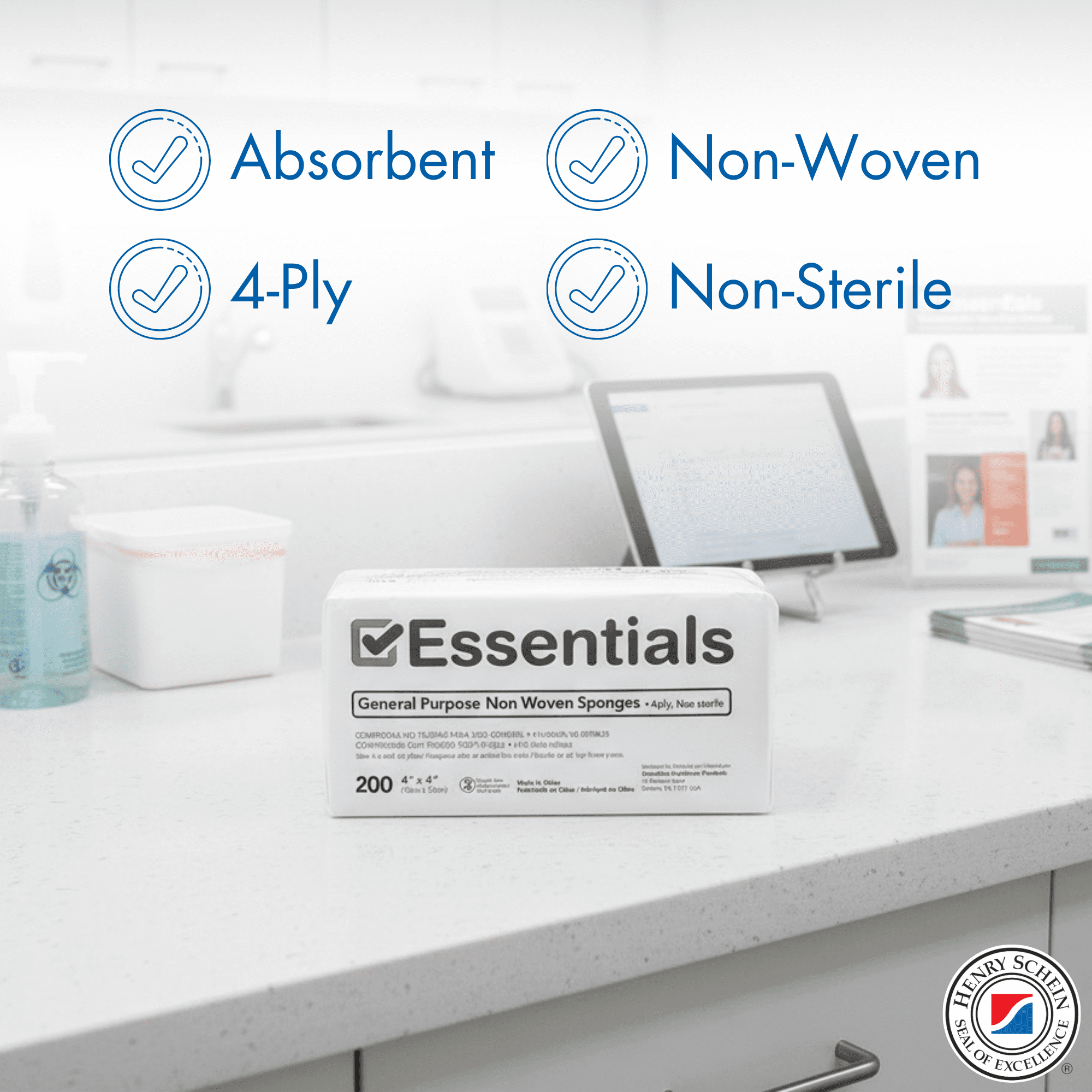 Essentials Non-Sterile Gauze Sponges – One (1) Full Case (10 Packs of 200), 4-Ply, 4’’ x 4’’ Pads, One Package, Non-Woven Sponges, Wound Care Product for First Aid Kit/Medical Facilities