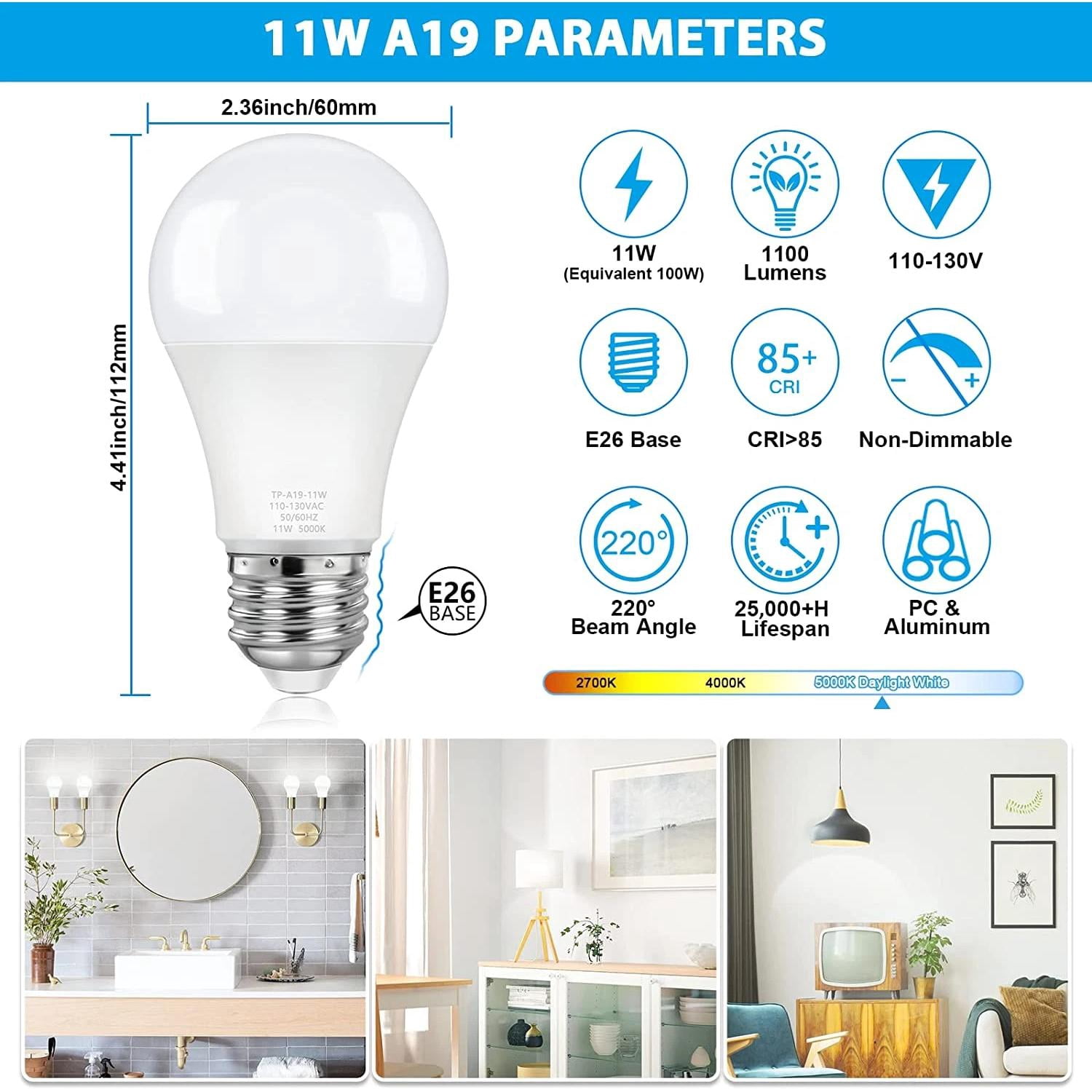 4-Pack A19 LED Light Bulbs, 100W Equivalent LED Bulb, 5000K 1100Lumen Light Bulb