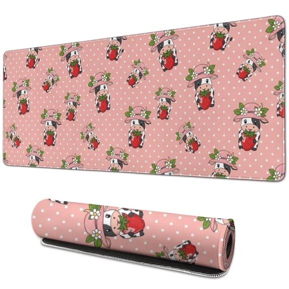 Long Mouse Pads for Desk,Pink Cow Strawberry Hat Pattern Desk Mats on Top Of Desks, Desk Mouse Pad Extra Large with 3mm Non-Slip Base and Stitched Edge for Gaming,Office,Work,Home 31.5"x11.8"