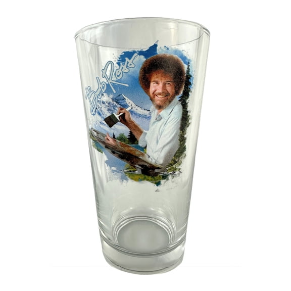 Bob Ross Snowy Mountains Pine Trees and River Painting 16oz Pint Drinking Glass