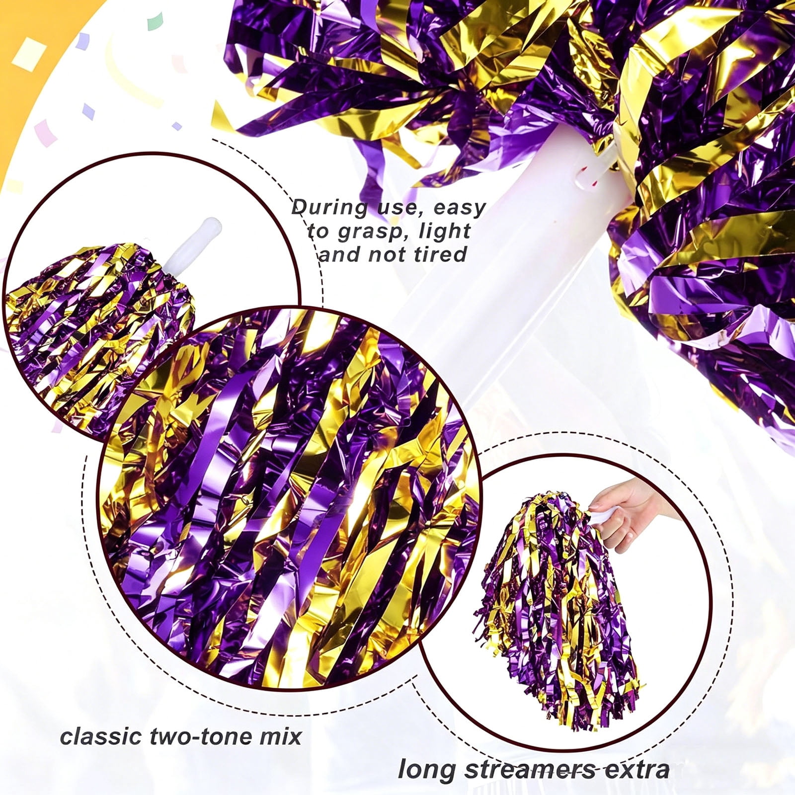 12-Pack Cheerleading Pom Poms, Metallic  Pom Poms Bulk with Handles, Plastic Sports Pom Poms for Cheerleading, Dance & Parties