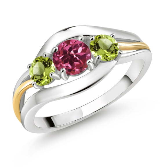 Gem Stone King 925 Sterling Silver and 10K Yellow Gold Round Pink Tourmaline and Green Peridot 3 Stone Ring for Women (1.12 Cttw, Size 6)