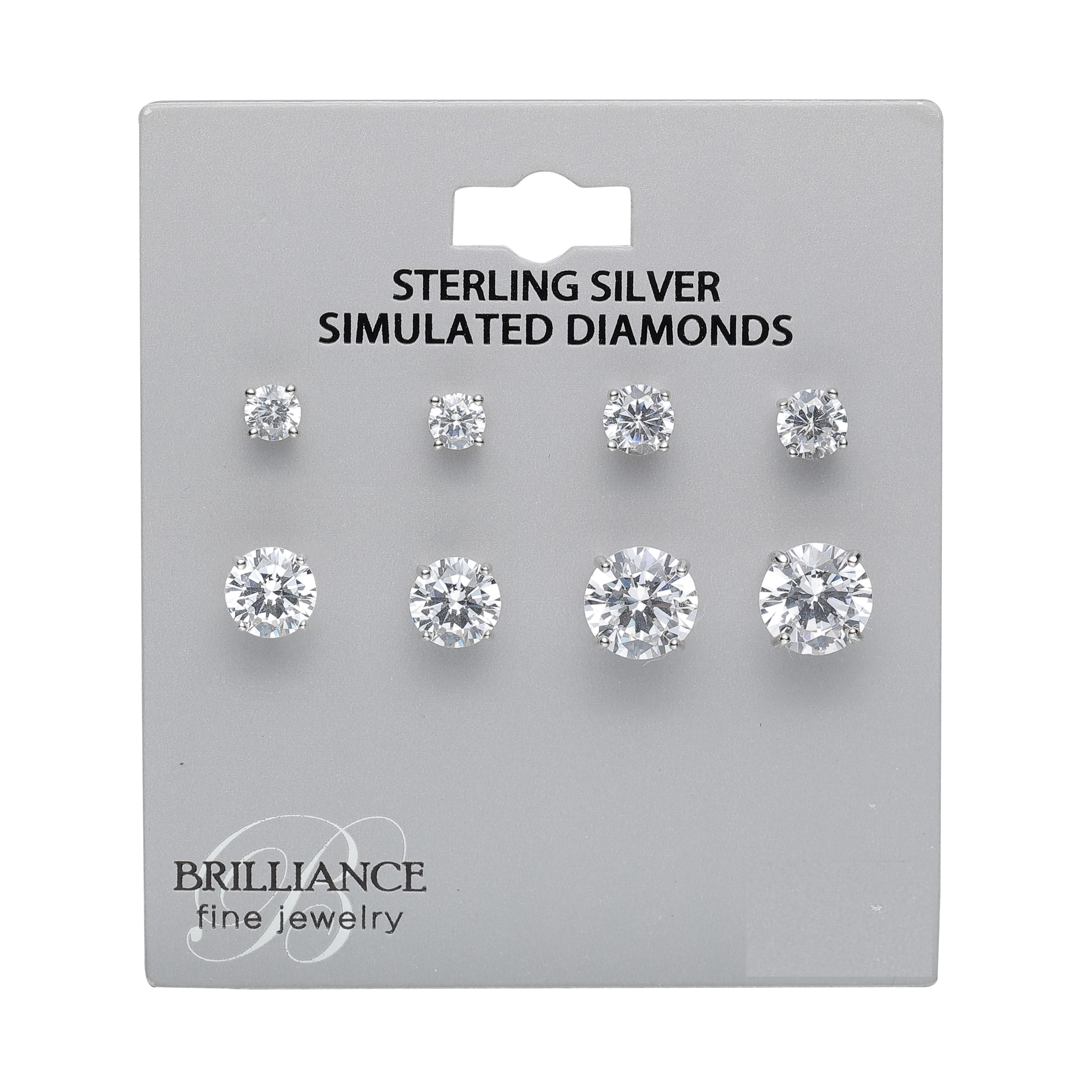 Brilliance Fine Jewelry Women's Simulated Diamond 4 Pair Round Earrings in Sterling Silver