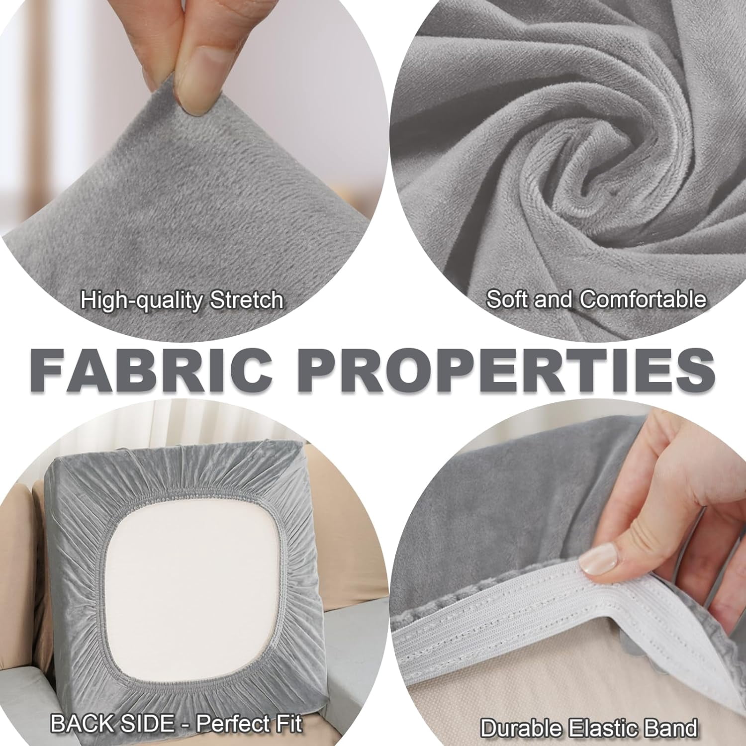 Couch Covers, 3 Pieces Couch Cushion Cover Velvet, Seat Cushion Cover, Stretch Sofa Covers, Separate Sectional Sofa Slipcovers, Furniture Protector(3-Seater or Backrest, Light Grey)