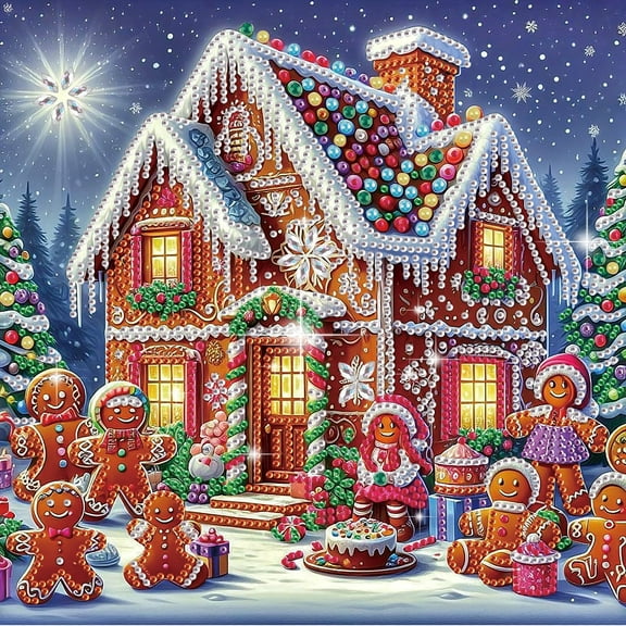 5D DIY Diamond Painting Kit Cheerful Christmas House Color Crystal Diamond Painting Handmade Art Craft Includes Tools, Suitable for Beginners and Adults Home Wall Decor Holiday Gift