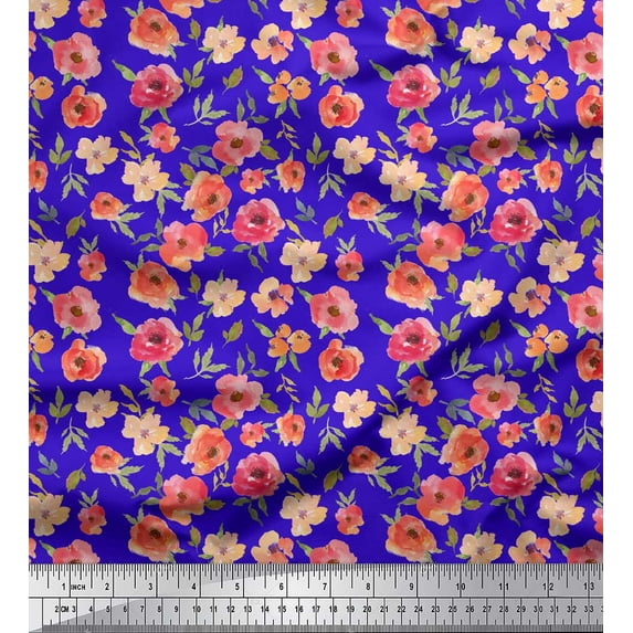 Soimoi Blue Poly Georgette Fabric Leaves & Blooming Camellias Floral Print Fabric By the Yard 42 Inch Wide