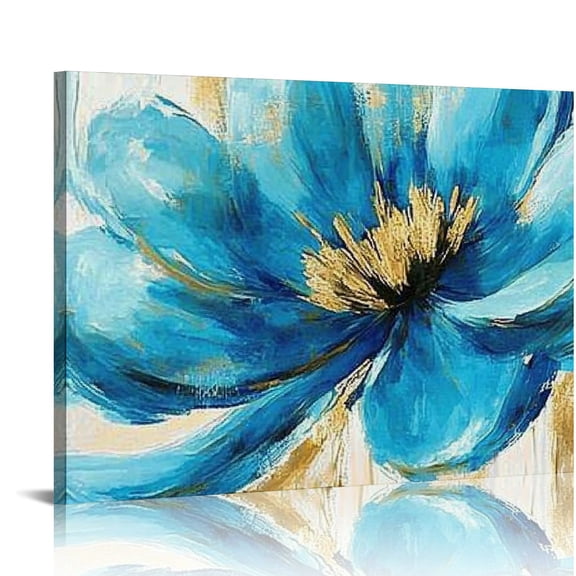 FCXZI Pieces Teal Flower and Butterfly Canvas Prints Floral Oil Painting Gold Blue Wall Art for Bathroom Bedroom Ready to Hang 16x12in