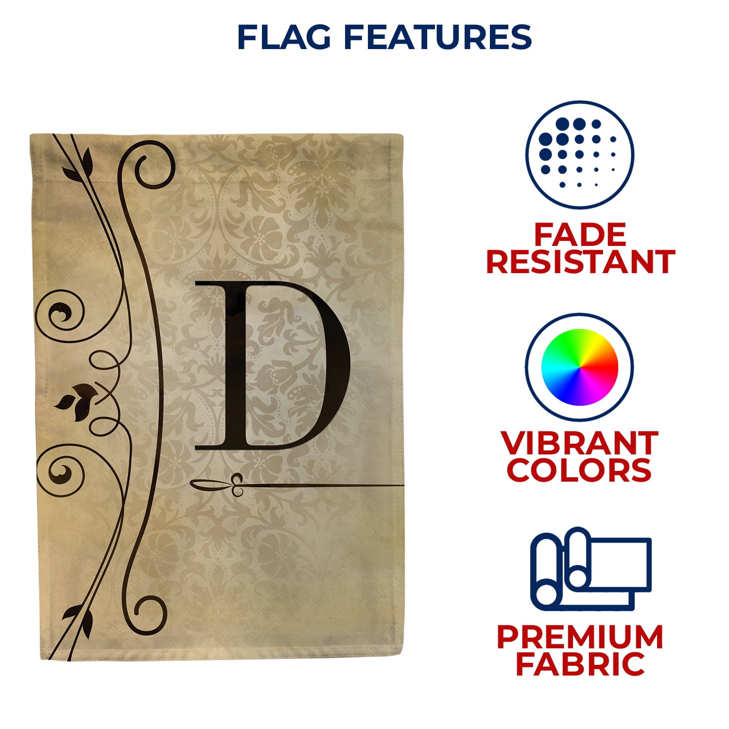 America Forever Fancy Scroll Monogram D House Flag, 28 x 40 inch Double Sided, Elegant Letter D Flag, Decorative Scroll Design, Personalized Initial Yard Art, Housewarming Gift