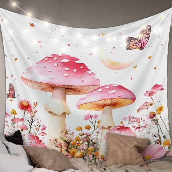 Pink Mushroom Tapestry for Bedroom Wall Hanging Tapestry, Spring Botanical Elegant Summer Floral Ceiling Backdrop Tapestries Poster Blanket Wall Decor for Teens Room Living Room Dorm 51" x 59"