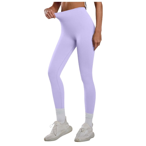 felwors Women Ribbed Seamless Leggings High Waisted Workout Gym Yoga Pants (Purple, L)