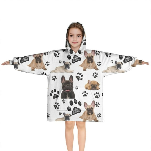 French Bulldog Footprint Blanket Hoodies for Kids 6-13YR Oversize Wearable Blanket Hoodies for Boys Girls Teens