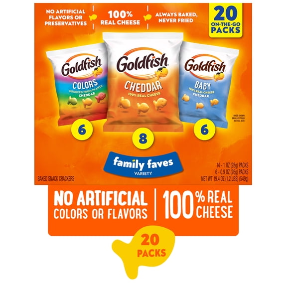 Goldfish Family Faves Crackers, Cheddar, Colors and Baby Crackers Snack Pack, 0.9 oz, 20-Count Variety Pack Box