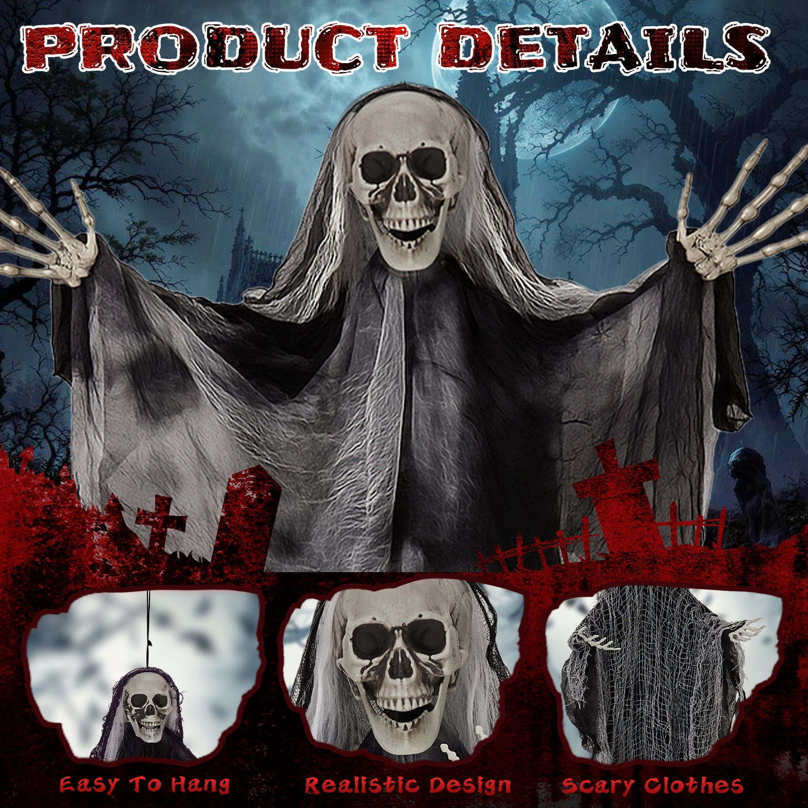 Astoutdoor 3 Pack Hanging Halloween Skeleton Ghosts Decorations, Grim Reapers for Outdoor Decor, 12.99 in