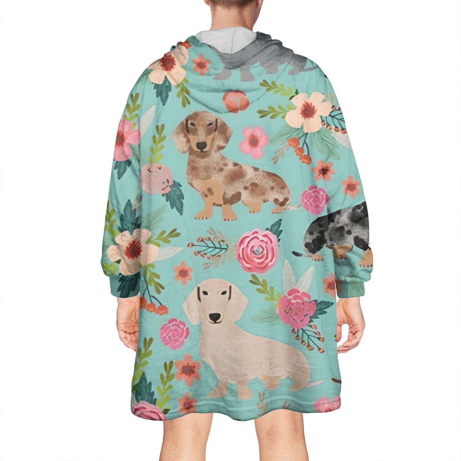 Dachshund and Flower Wearable Oversized Blanket,Wearable Blanket Hoodie for Adults,Cozy Hooded Blankets with Super Pockets,Super Warm Fuzzy Pullover for Women & Men