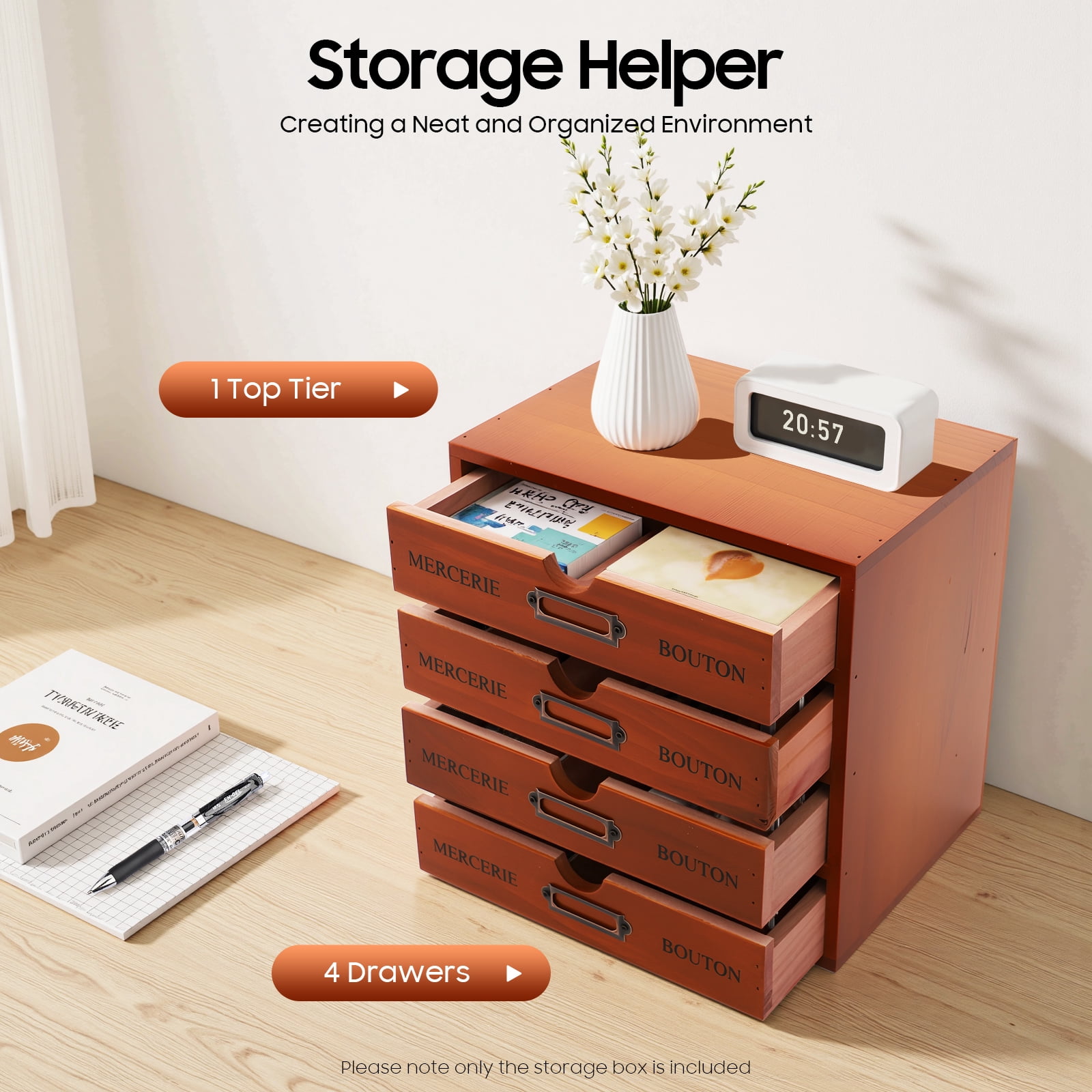4 Drawer Desk Organizer,Wooden Vintage Storage Drawers Library Card Catalog Wood Storage Box for Stationery Thread Embroidery Sewing Crafts Junk