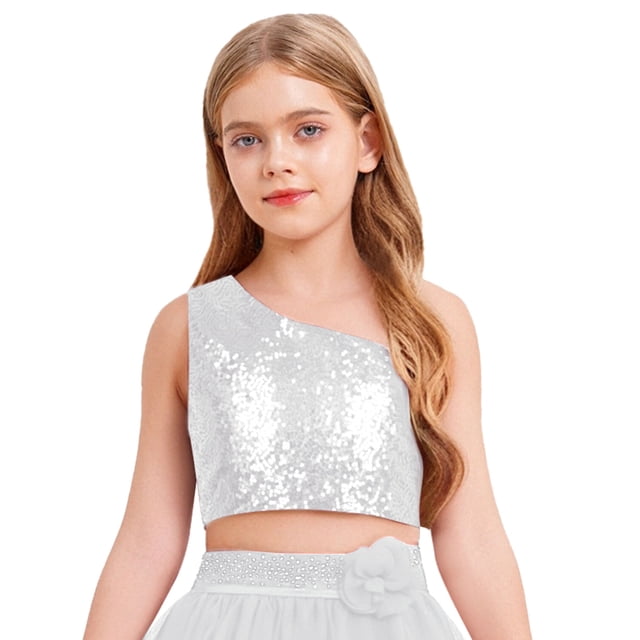 TiaoBug Hauts Sans Manches à Paillettes pour Filles pour Fête Crop Top Danse Blanc 16