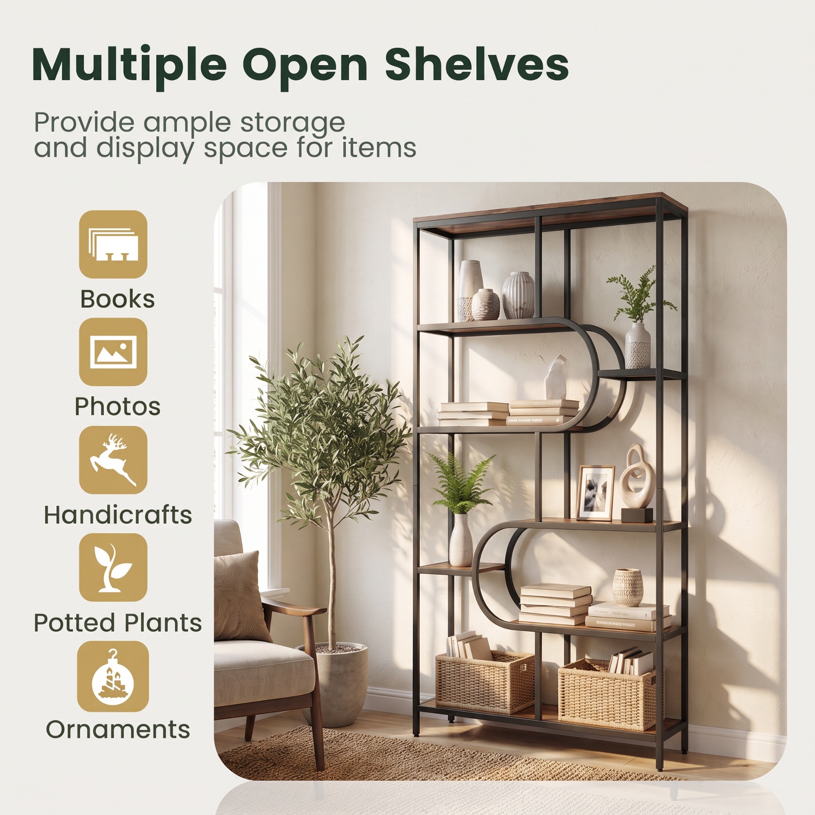 Furnibear 5-Tier Bookshelf Tall Etagere Bookcase with Open Storage Shelves and U Shape for Living Room Home Office Bedroom Display, Rustic Brown