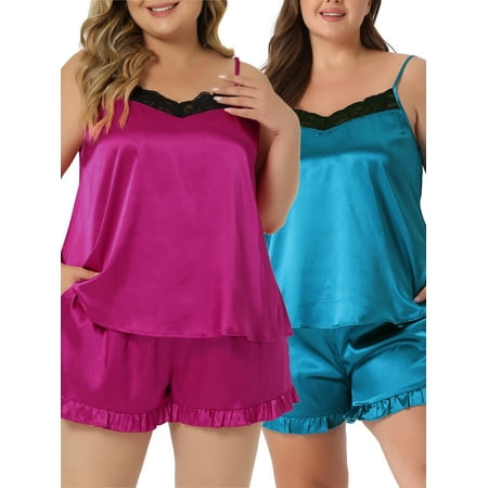 NOMADIC NOOK Women s Plus Size Lingerie Pajama Sets Sleepwear 2 Piece Cami Shorts Set Pj Sleepwear Hot Pink/Lake Blue 3X