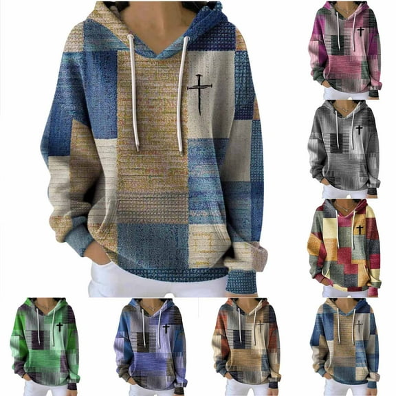 QIUOMBBP Christian Sweatshirts for Women Cute Cross Graphic Print Hoodie Loose Fit Long Sleeve Pullover Tops, Green, L