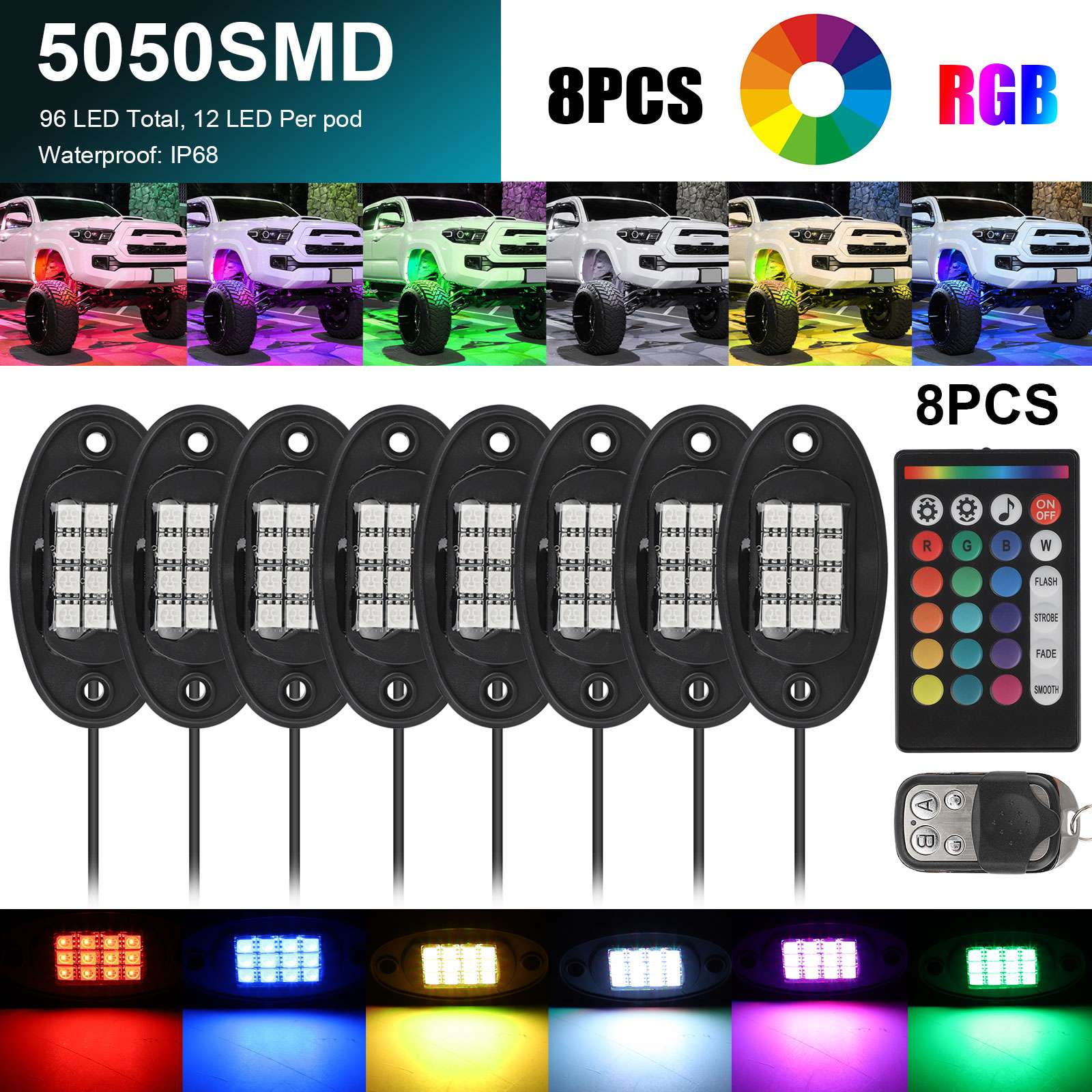 8 Pods Xprite RGB LED Rock Lights w/Bluetooth Controller Flashing Multicolor Neon LED Light Kit Timing Function Music Mode for Underglow Off Road Truck SUV 