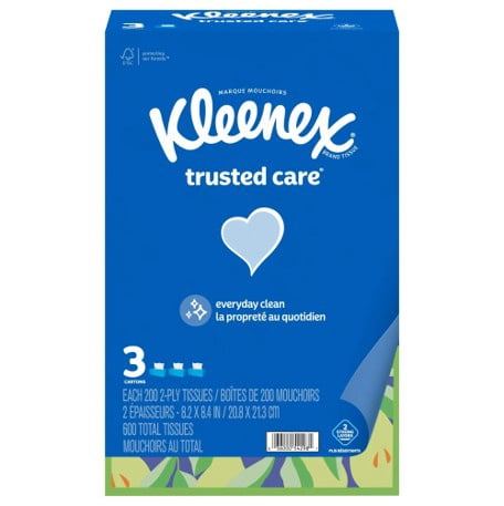 Kleenex Trusted Care 2-Ply Facial Tissues, 3 Flat Boxes, 600 Total Tissues