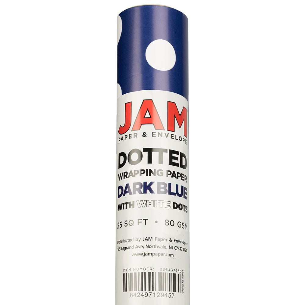 JAM Paper Dark Blue with White Polka Dot Wrapping Paper, 25 Sq ft, 1 Pack