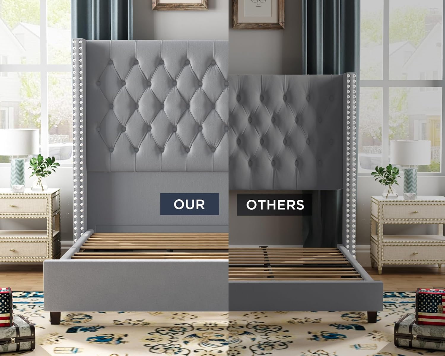 Merluxy King Bed Frame with Deep Button Tufting and 61.4" Tall Headbord,Velvet Upholstered,Grey