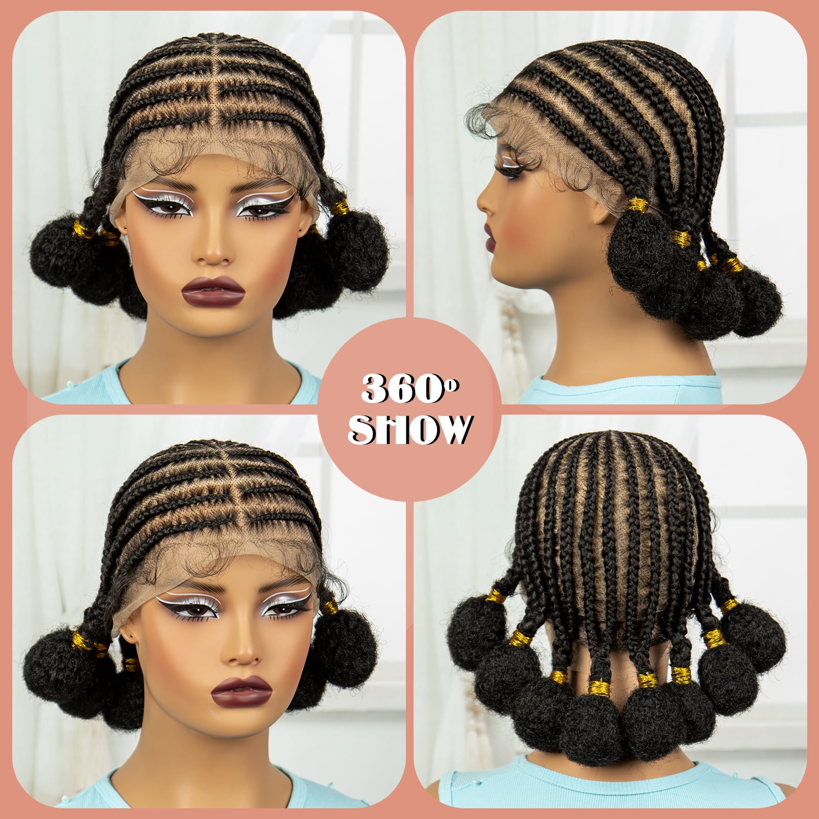 10 Inches Short Bantu Synthetic Full Lace African Cornrow Braided Wigs with Baby Hair for Women Knotless Braiding Wig