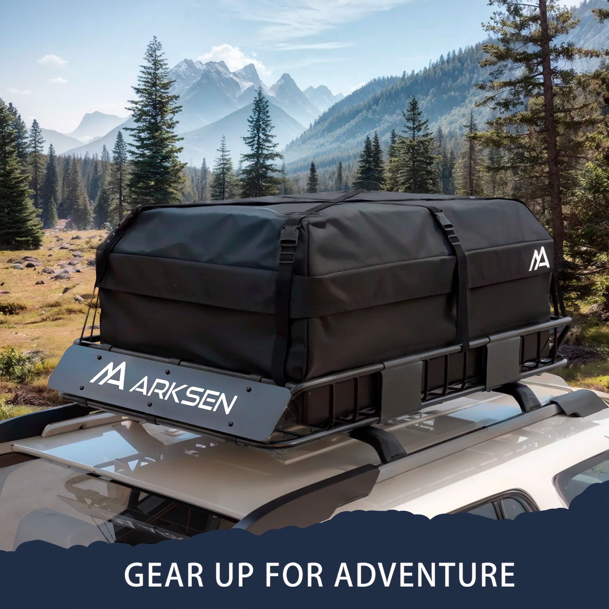 ARKSEN 54x34x6 inch Heavy Duty Roof Rack Cargo Carrier w/ 600D Waterproof Cargo Bag, Tie Down Straps, Net, Universal Steel Roof Basket, 150 LBS Capacity Car Top Luggage Holder for SUV, Truck, Pickup