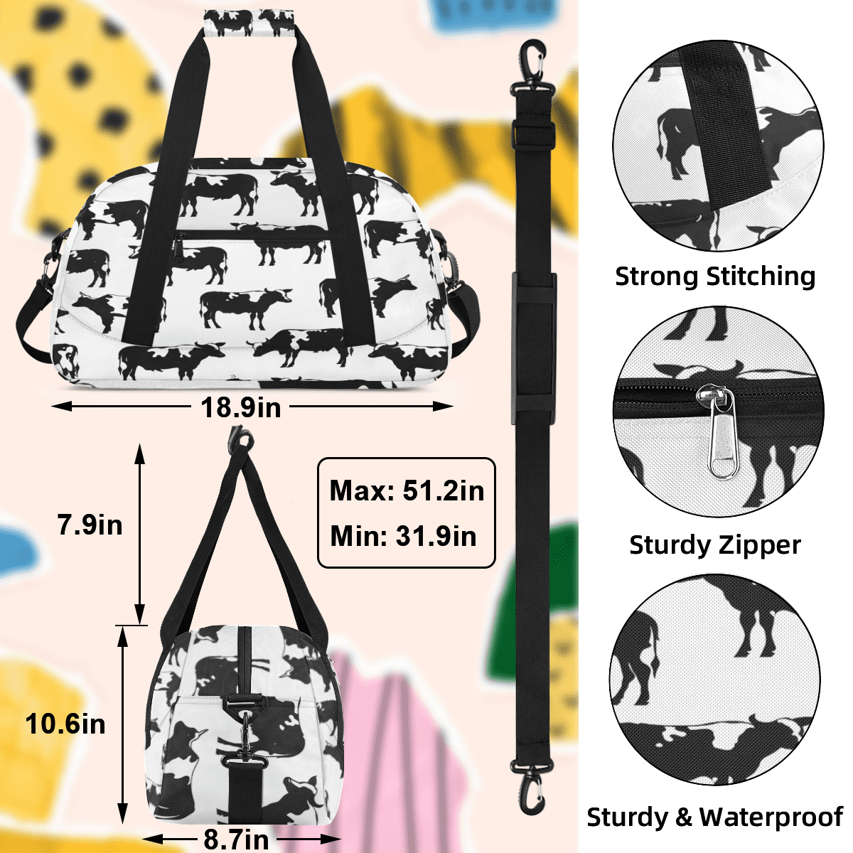 Herdesigns Cute Cow Sports Duffle Bag for Women & Men, Gym Bag Dance Bag Overnight Bag Carry On Weekender Travel Bag