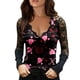 thumbnail image 1 of Moda mujer manga larga cuello en V estampado encaje Pachwork Casual Tops camiseta blusa Pompotops  gfhjh18139, 1 of 5